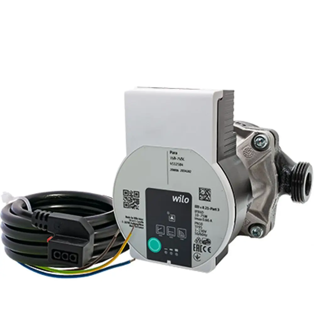 Pumpe mit elektrischen Anschlüssen und einem Gehäuse. Marke Wilo, Modell zur Verwendung in Heizungs- oder Wasserversorgungssystemen, kompatibel mit ESBE Produkten.